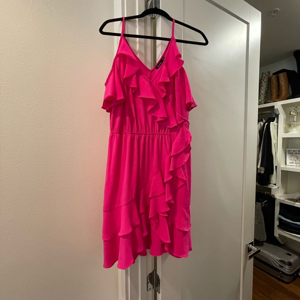 Hot pink Boohoo Cold Shoulder Ruffle dress